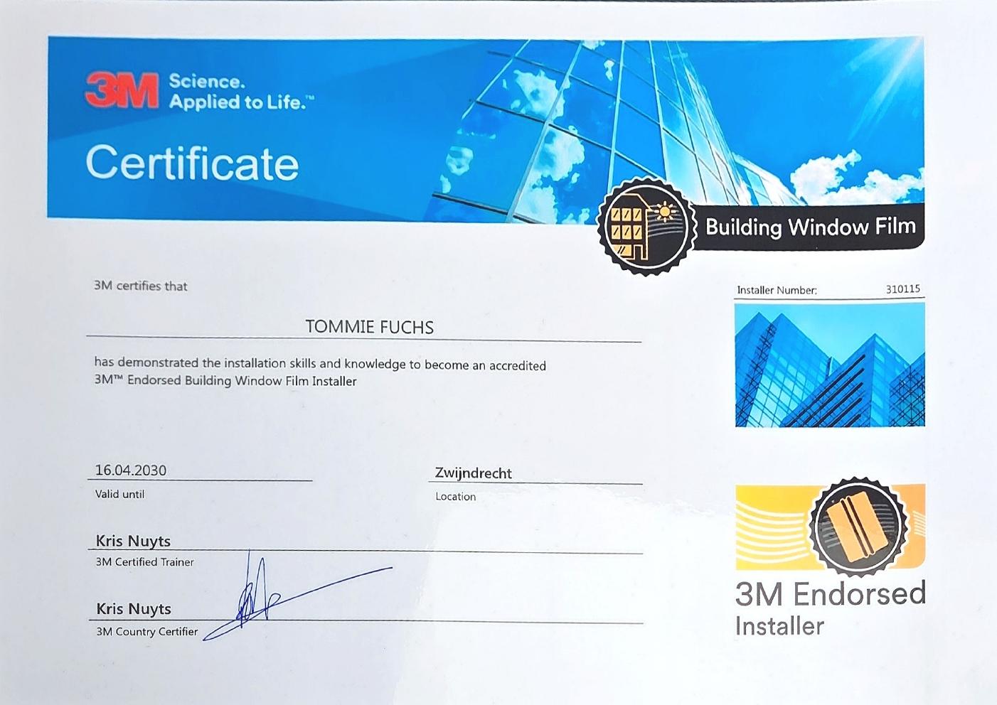 3M Endorsed Window Film Installer certificaat van Tommie Fuchs