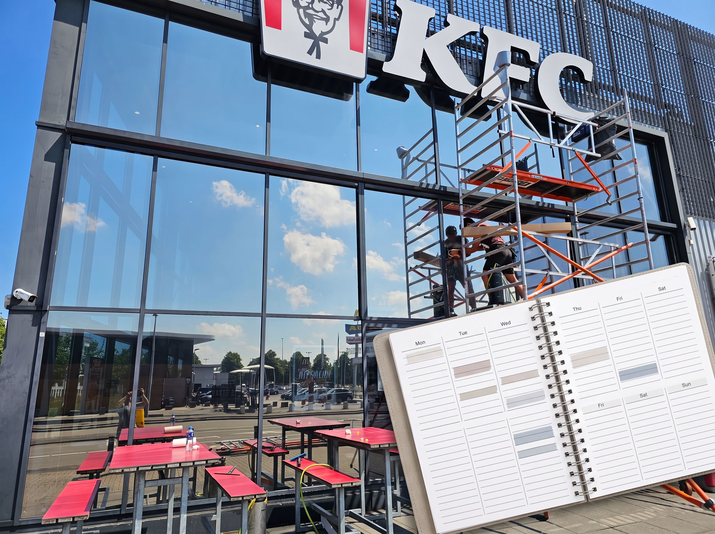 Planning en montage van zonwerende glasfolie: monteur op steiger bij een glazen gevel met projectagenda