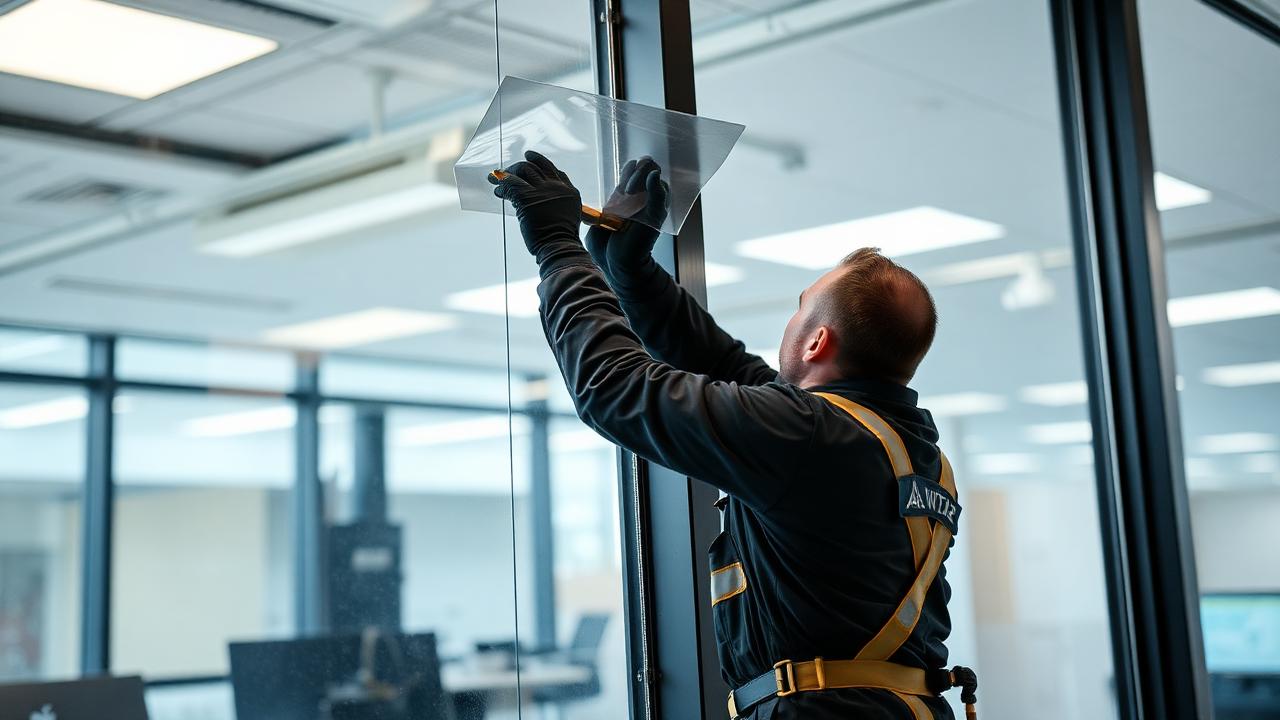 Professional installeert raamfolie op kantoorruit